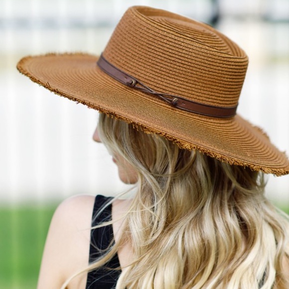 Accessories - SOLD OUT Brown Straw Wide Brim w/ Frayed Edge Sun Beach Vacation Summer Women's